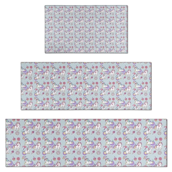 Blue Cartoon Unicorn Lollipop Pattern Kitchen Rugs Sets Of 3,Kitchen Runner Rugs Non Skid Washable,Decorative Kitchen Floor Mats for Kitchen,Sink,Laundry,17"x30"+ 17"x47" + 17"x59"