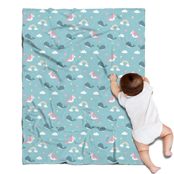 Blue Cartoon Unicorn and Narwhal Rainbow Cloud Blanket,Comfortable Soft Flannel Throw Blanket,All Season,Warm Lightweight Blankets for Sofa Bed Couch Living Room Chair,30"x40"