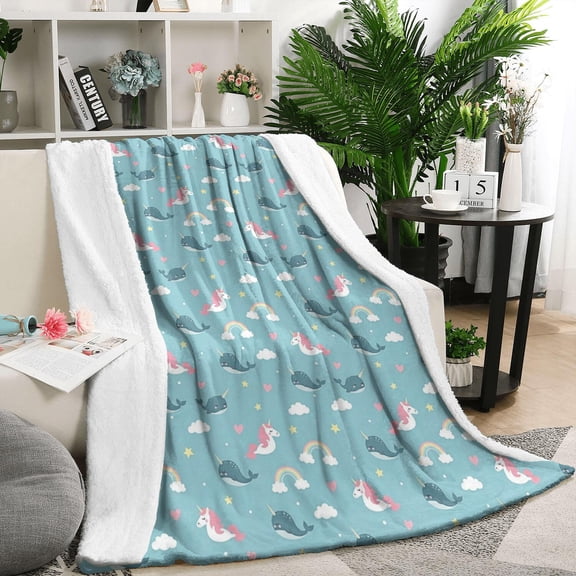 Blue Cartoon Unicorn and Narwhal Rainbow Cloud Blanket,Comfortable Soft Flannel Throw Blanket,All Season,Warm Lightweight Blankets for Sofa Bed Couch Living Room Chair,50"x60"