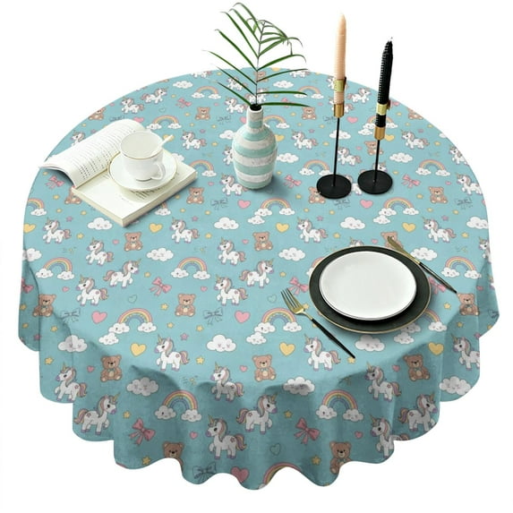 Blue Cartoon Unicorn Rainbow Cloud Bear Bow Pattern Round Tablecloth 60"x60",Wrinkle Wipeable Table Cloth for Kitchen Dining Room Picnic Patio Party