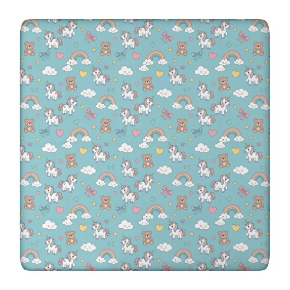 Blue Cartoon Unicorn Rainbow Cloud Bear Bow Pattern Square Fitted Tablecloth with Elastic Edge,Square Table Cover,Washable Elastic Table Cover for Home Kitchen Party Decor 36"x36"