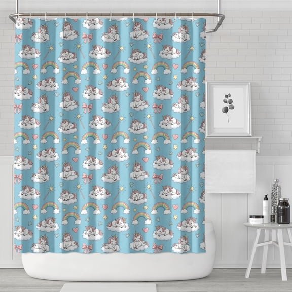 Blue Cartoon Unicorn Rainbow Cloud Bow Magic Wand Shower Curtain 84"x72" ,Bathroom Decorative Shower Curtains Set with 12 Hooks,Modern Waterproof Washable Shower Curtain