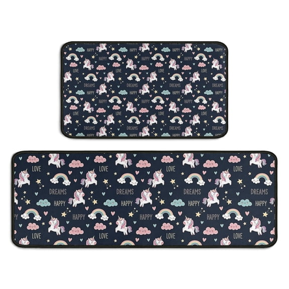 Blue Cartoon Unicorn Rainbow Cloud Love Dream Kitchen Rugs Sets Of 2,Anti Fatigue Kitchen Mat Rugs Non Slip Washable,Decorative Kitchen Floor Mats for Kitchen,Sink,Laundry,17"X30"+17"X47"