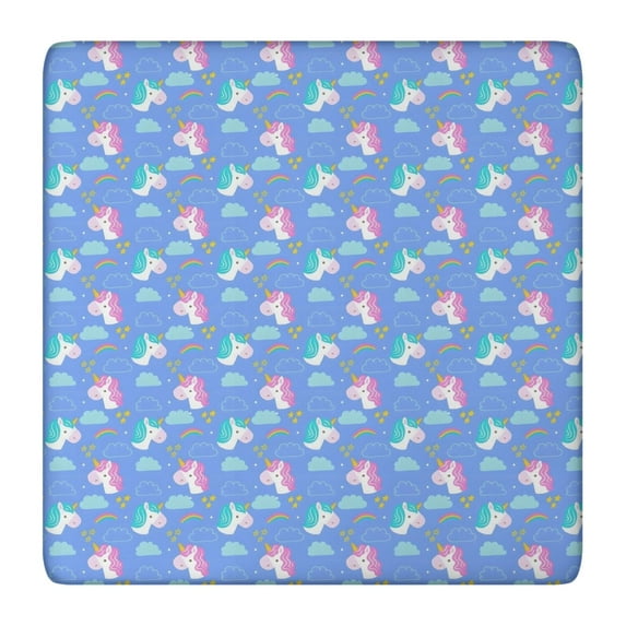 Blue Cartoon Unicorn Rainbow Cloud Pattern Square Fitted Tablecloth with Elastic Edge,Square Table Cover,Washable Elastic Table Cover for Home Kitchen Party Decor 36"x36"