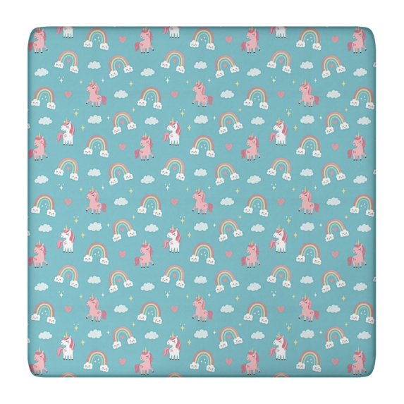 Blue Cartoon Unicorn Rainbow Cloud Pattern Square Fitted Tablecloth with Elastic Edge,Square Table Cover,Washable Elastic Table Cover for Home Kitchen Party Decor 36"x36"