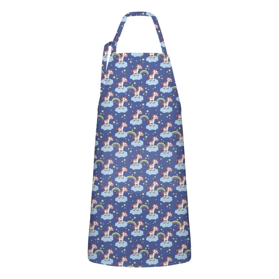 Blue Cartoon Unicorn Rainbow Cloud Star Apron-Garden Aprons for Women with Pockets-Cotton Linen Waterproof Kitchen Cooking Gardening Aprons Adjustable for Kitchen,Cooking,BBQ and Salon 33x27 Inch