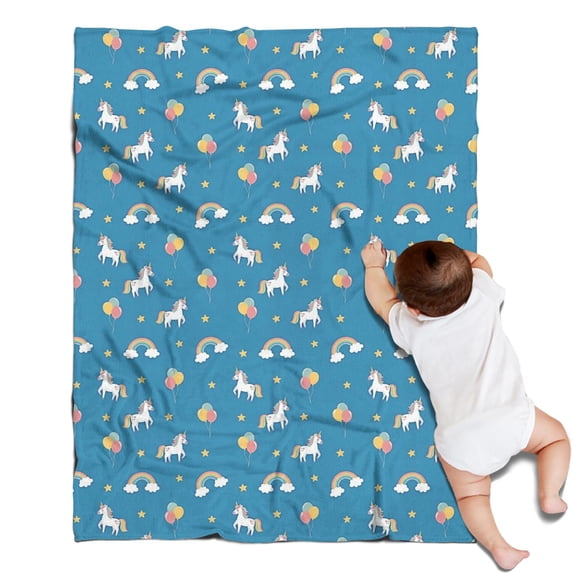 Blue Cartoon Unicorn Rainbow Cloud Star Balloon Blanket,Comfortable Soft Flannel Throw Blanket,All Season,Warm Lightweight Blankets for Sofa Bed Couch Living Room Chair,30"x40"