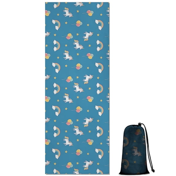 Blue Cartoon Unicorn Rainbow Cloud Star Balloon Hot Yoga Mat Towel Non Slip for Hot Yoga - Quick-Drying Yoga Mat Cover with 4 Corner Pockets with Travel Bag - Hot Yoga Towel Non Slip 74"x26"