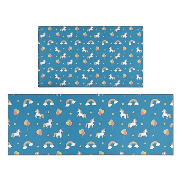 Blue Cartoon Unicorn Rainbow Cloud Star Balloon Kitchen Rugs Sets Of 2,Anti Fatigue Kitchen Mat Rugs Non Slip Washable,Decorative Kitchen Floor Mats for Kitchen,Sink,Laundry,17"x30"+17"x47"