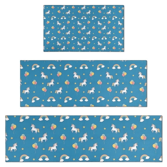 Blue Cartoon Unicorn Rainbow Cloud Star Balloon Kitchen Rugs Sets Of 3,Kitchen Runner Rugs Non Skid Washable,Decorative Kitchen Floor Mats for Kitchen,Sink,Laundry,17"x30"+ 17"x47" + 17"x59"