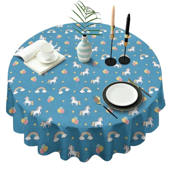 Blue Cartoon Unicorn Rainbow Cloud Star Balloon Round Tablecloth 60"x60",Wrinkle Wipeable Table Cloth for Kitchen Dining Room Picnic Patio Party