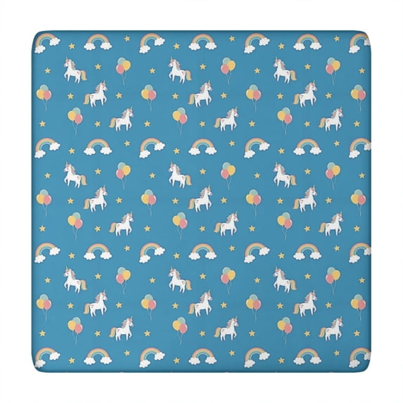 Blue Cartoon Unicorn Rainbow Cloud Star Balloon Square Fitted Tablecloth with Elastic Edge,Square Table Cover,Washable Elastic Table Cover for Home Kitchen Party Decor 34"x34"