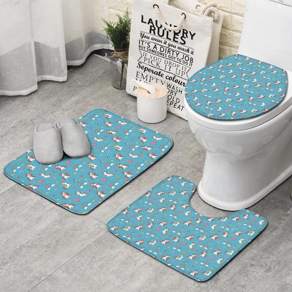 Blue Cartoon Unicorn Rainbow Heart Butterfly Crown Bathroom Rugs Sets 3 Piece,Toilet Cover Set,Absorbent Non Slip Bathroom Mats Sets with U-Shaped Contour Rug Toilet Rug Set