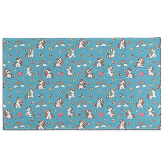 Blue Cartoon Unicorn Rainbow Heart Butterfly Crown Door Rugs,Washable Non Slip Door Mats Indoor,Decorative Door Mats,Entry Mat Indoor for Entrance,Bedroom,Kitchen,Bathroom,17"x30"