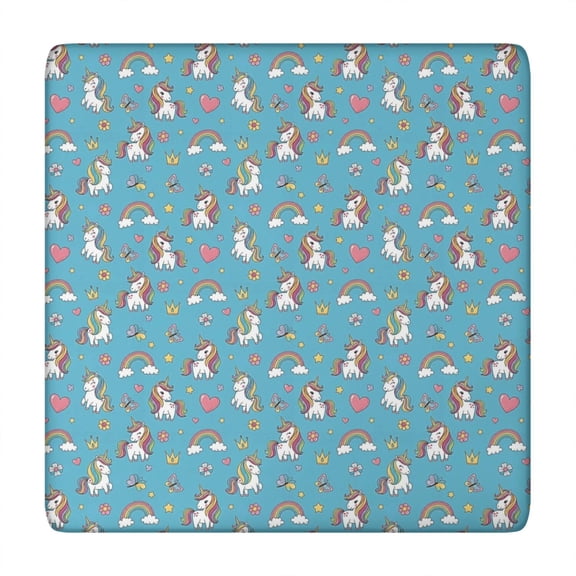 Blue Cartoon Unicorn Rainbow Heart Butterfly Crown Square Fitted Tablecloth with Elastic Edge,Square Table Cover,Washable Elastic Table Cover for Home Kitchen Party Decor 34"x34"