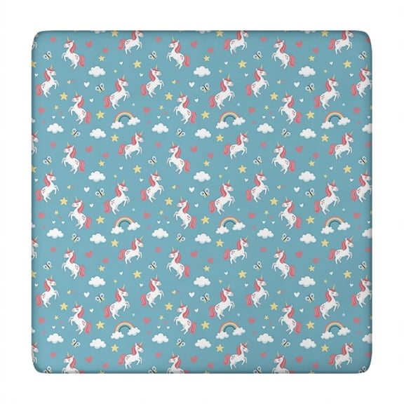 Blue Cartoon Unicorn Rainbow Star Heart Cloud Square Fitted Tablecloth with Elastic Edge,Square Table Cover,Washable Elastic Table Cover for Home Kitchen Party Decor 34"x34"