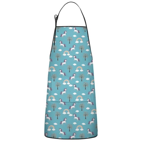 Blue Cartoon Unicorn Tree Rainbow Cloud Apron-Garden Aprons for Women with Pockets-Cotton Linen Waterproof Kitchen Cooking Gardening Aprons Adjustable for Kitchen,Cooking,BBQ and Salon 33x27 Inch