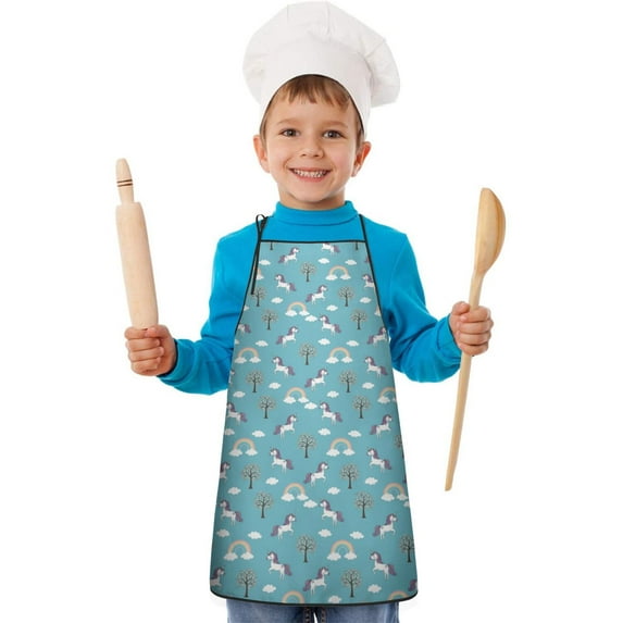 Blue Cartoon Unicorn Tree Rainbow Cloud Pattern Kids Aprons for Girls and Boys,Adjustable Neck Strap Toddler Aprons for Kids Cooking Baking