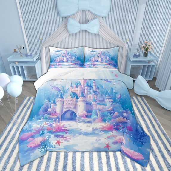 Blue Castle Comforter Set King Size Blue Dolphin Print Bedding Ocean Animal Bedding Comforter Sets Dreamy Princess Bedroom Decor Duvet Insert Romantic Themed Quilt 3 Piece