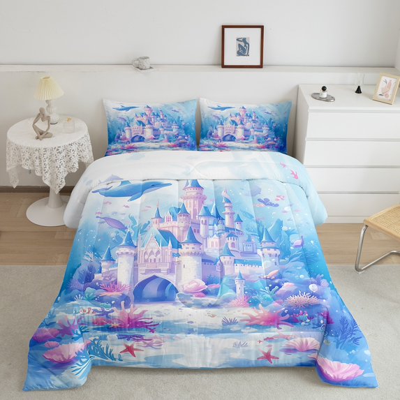Blue Castle Comforter Set Blue Dolphin Print Bedding Ocean Animal Bedding Comforter Sets Dreamy Princess Bedroom Decor Duvet Insert Romantic Themed Quilt 2 Piece