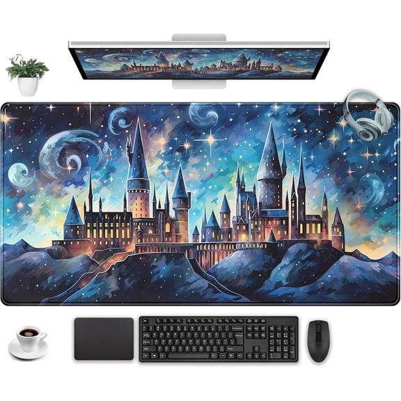 Blue Castle Desk Mat Aesthetic Cute Desk Pad, Extended Large Mouse Pad XXL Gaming Keyboard Pad, Computer Desktop Mouse Mat Full Desk Laptop Mat, Fantasy Art Office Desk Accessories 31.5" x 15.7"