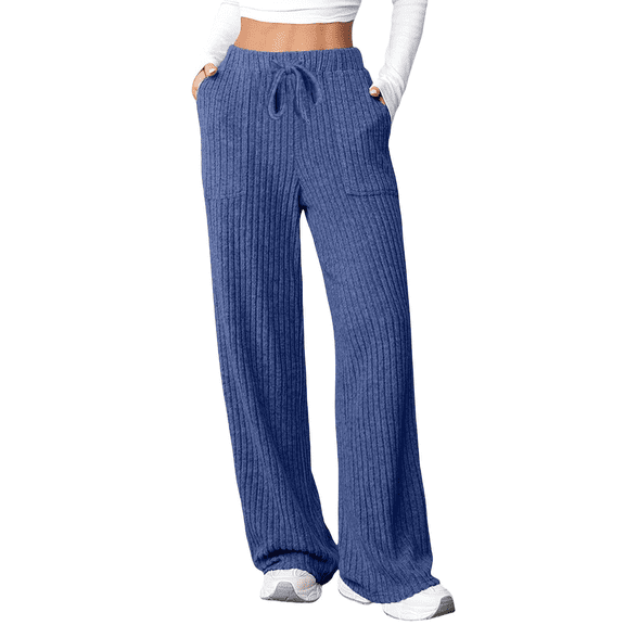 Blue Casual Pants Women Ladies' Autumn/Winter New Solid Color Strip Pocket Elastic Casual Pants