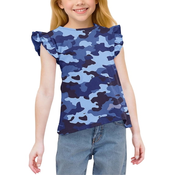 Blue Casual Tops for Girls Summer Fall Ruffle Short Sleeve Crewneck Spandex Thin Cute Camo Camouflage Tops Shirt Blouses Girl 2026 Soft Comfy Clothes Regular Fit 6 Years