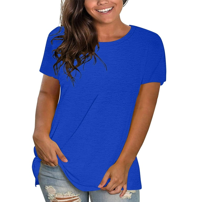 Blue Casual Tops for Women Short Sleeve Tee Shirts for Women Loose Fit Work Cotton Teacher Shirt Women s Casual Solid Color Cotton Tops Round Neck Shirts Loose T Walmart