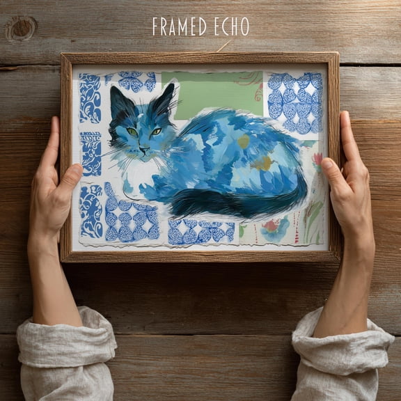 Blue Cat Collage Art Print: Whimsical Animal Wall Decor ( UNFRAMED Poster, Wall Art for Decor, Present, 24x36