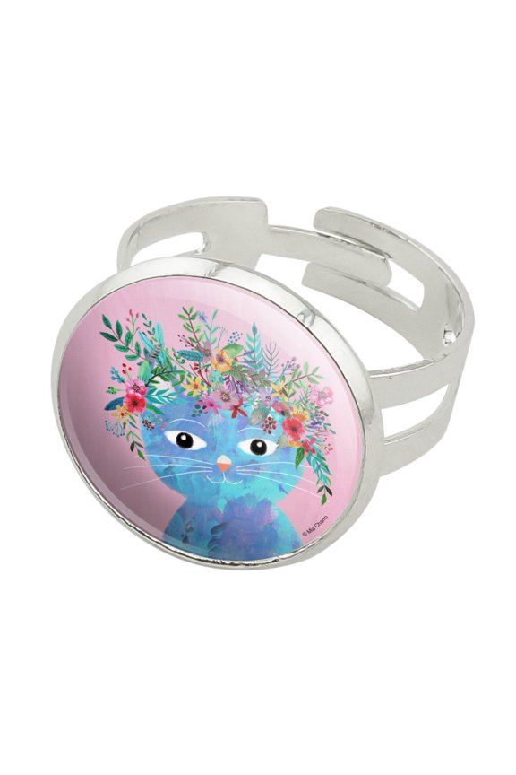 Blue Cat Flower Hat Silver Plated Adjustable Novelty Ring