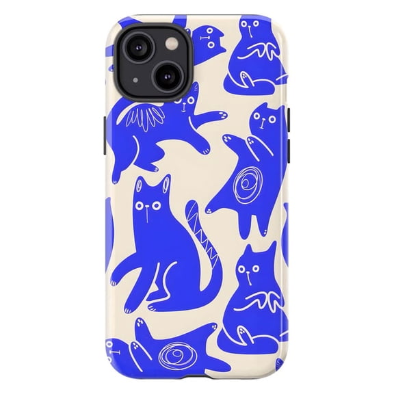 Blue Cat Phone Case, Kawaii Hand Drawn Indigo Kitten Whimsical Pattern Cover for iPhone 17 16 15 14 13 12 11 Plus Pro Max Mini