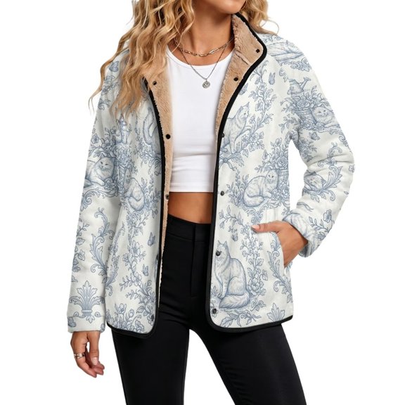 Blue Cat Toile Womens Sherpa Fleece Jacket Oversized Coats, Cozy Sherpa-Lined, Stand Collar Snap Button Jacket, Deep Pockets, Loose Fit, for Fall Winter Casual Daily Wear, Small