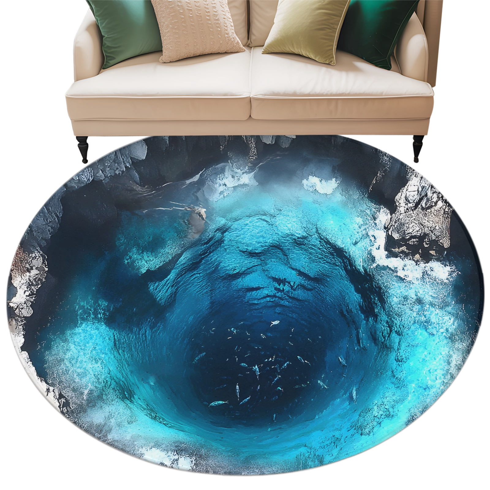 Round Rug With Pool Table Blue Cenote Round Rug 8ft Washable Circle Rugs Non Slip Tropical Grotto ...