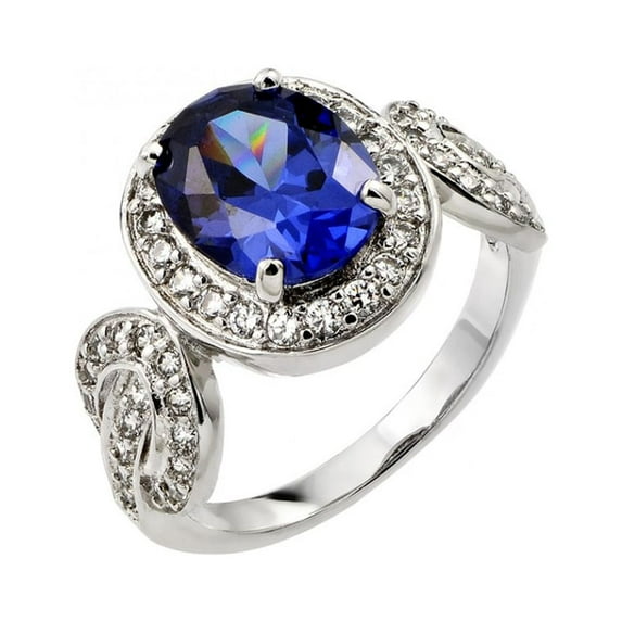 Blue Center Clear Inlay Cubic Zirconia Bridal Ring Rhodium Plated Sterling Silver Size 5