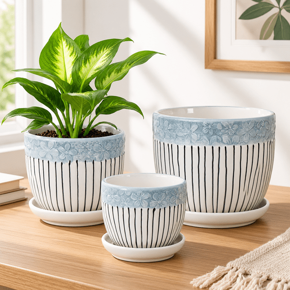 Blue Ceramic 3-Pot Plant Planter Set With Drainholes And Saucers For Indoor Outdoor Garden
