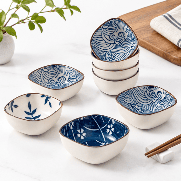 Blue Ceramic 5oz Dipping Bowl Set of 6, Square Condiment Servers