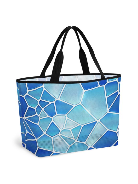 Blue Ceramic Beach Bag for Women, Large Breathable Mesh Beach Tote Bag, Abstract Tiles Modern Art Sandproof Lightweight Travel Bags for Vacation Picnic Swimming Pool 15.7"x15.7"x9.1"