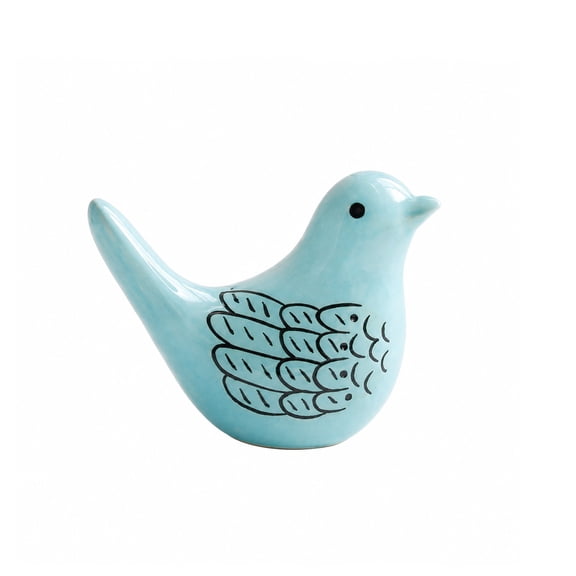 Blue Ceramic Bird Figurine with Feather Pattern, Mini Decorative Bird Statue for Shelf & Home Decor