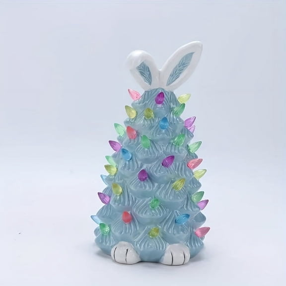 Blue Ceramic Bunny Easter Tree, with Multicolor Bulbs, Charming Bunny Ears Style, Spring and Summer Holiday Decoration, Great Easter Gift