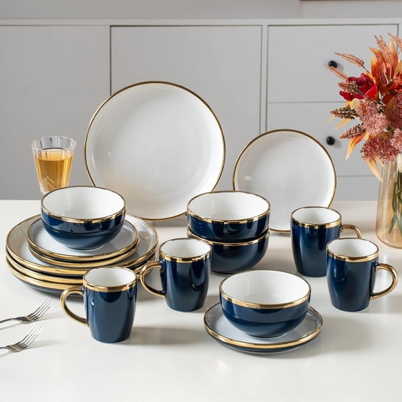 Blue and Ceramic Dinnerware Sets for 4, 16- Luxury Plates and Bowls Sets with Rim, Modern Dish Set for Wedding Christmas Anniversary, Crack Resistant | Dishwasher & Freezer Safe (Blue)