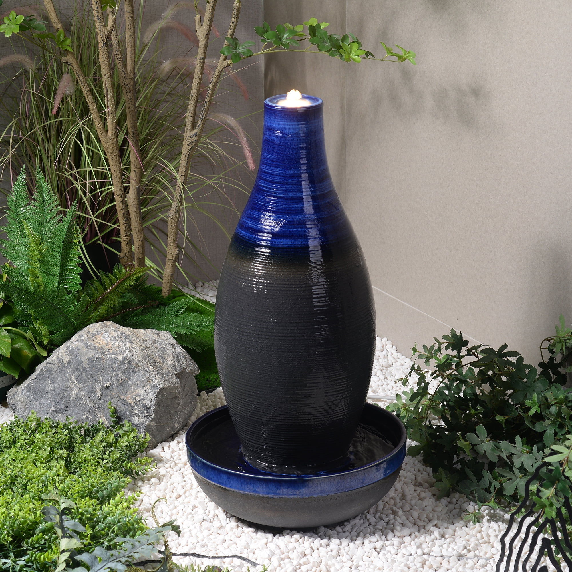 Hi-Line Gift Ltd 79586-04-BL Blue Ceramic Fountain with LED Lights - Tranquil Illumination