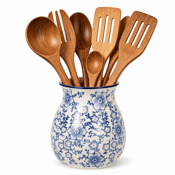 Blue Ceramic Kitchen Utensil Holder, Chinoiserie Floral Farmhouse Countertop Organizer