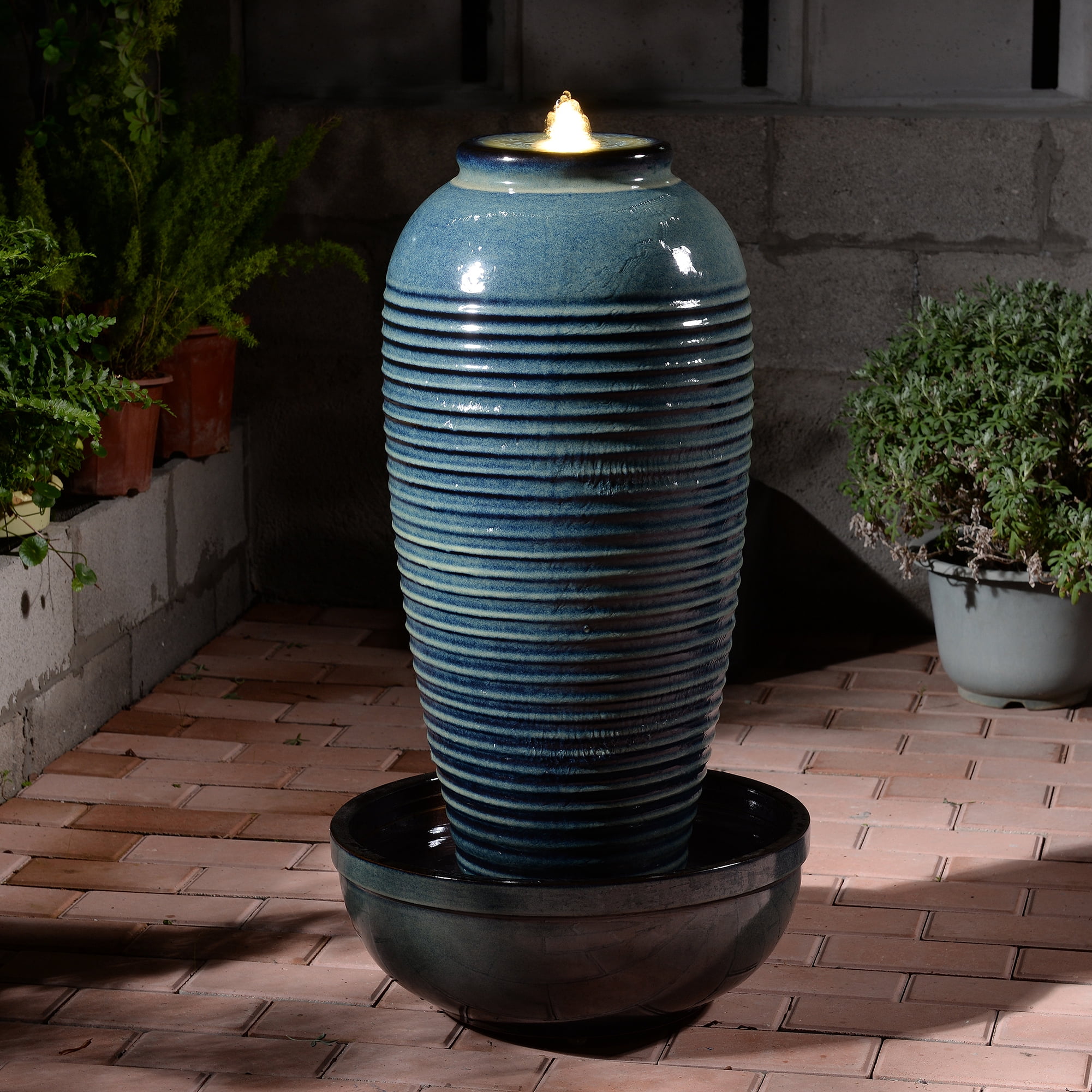 Blue Ceramic Ribbed Vase Fountain, Decorative Water Fountain with LED Lights and Quiet Pump, Indoor Outdoor Water Feature for Patio, Garden, Deck, Balcony, Office and Home Décor