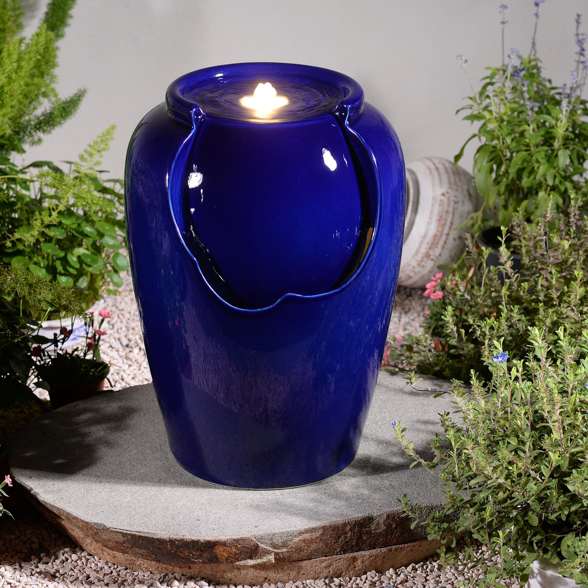 Blue Ceramic Ripple Top Fountain, Decorative Water Fountain with LED Lights and Quiet Pump, Indoor Outdoor Water Feature for Patio, Garden, Deck, Balcony, Office and Home Décor