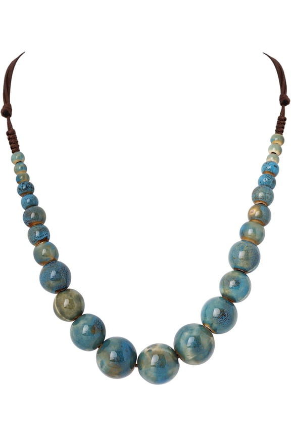Blue Ceramic Round Bead Necklace, Retro Boho Long Necklace for Women