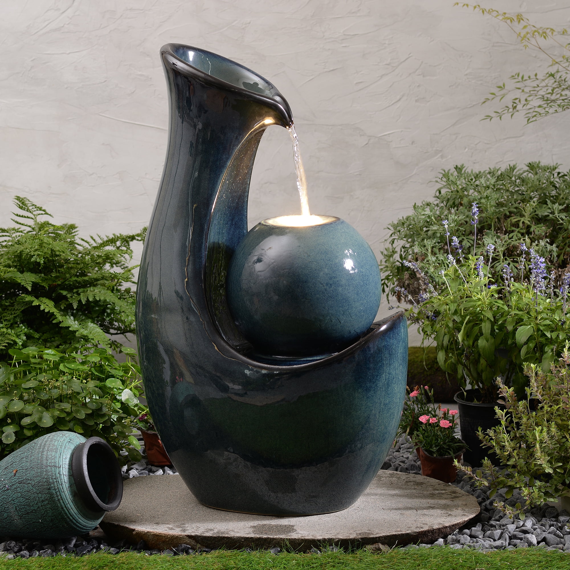 Blue Ceramic Sphere Cascade Fountain, Decorative Water Fountain with LED Lights and Quiet Pump, Indoor Outdoor Water Feature for Patio, Garden, Deck, Balcony, Office and Home Décor