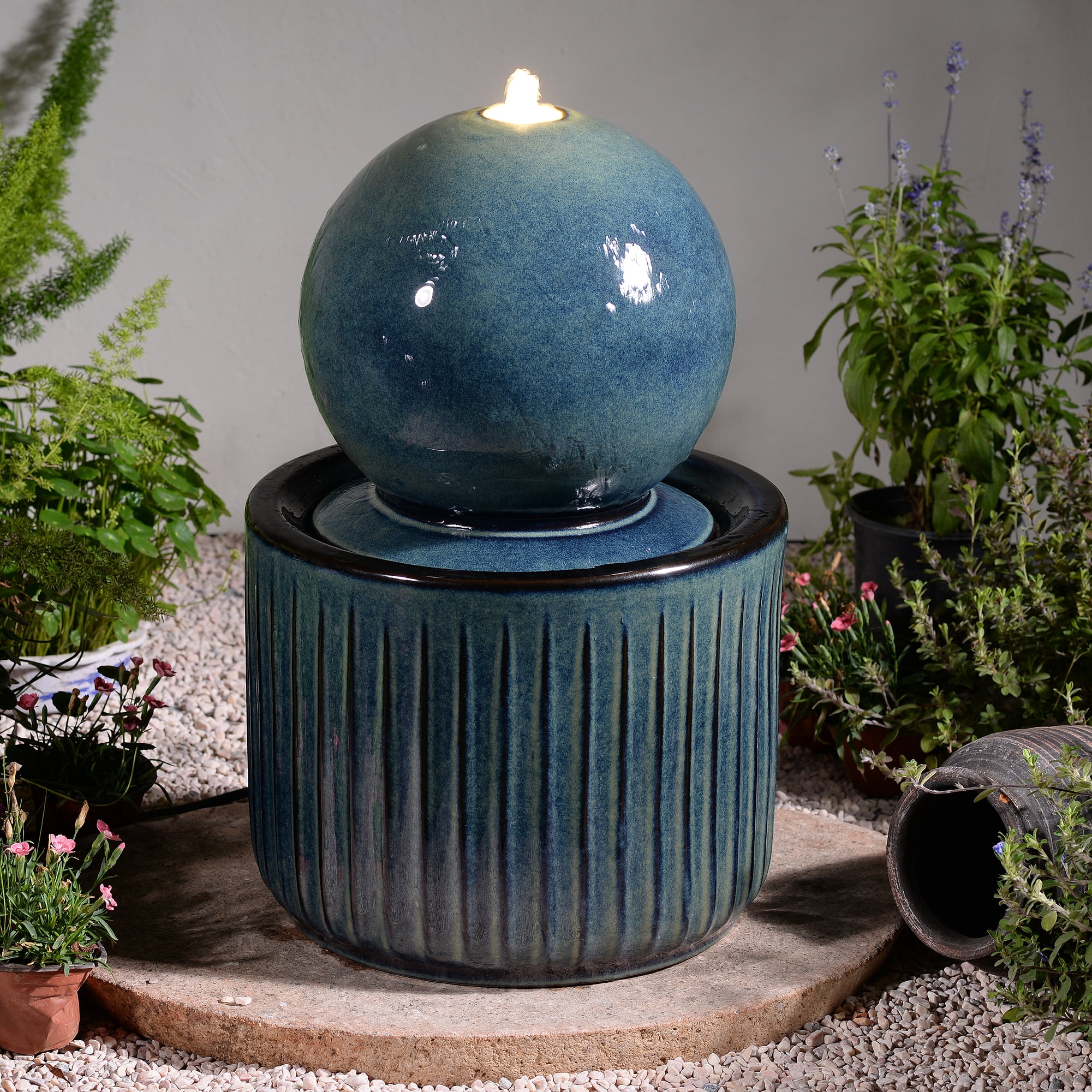Blue Ceramic Sphere Fountain, Decorative Water Fountain with LED Lights and Quiet Pump, Indoor Outdoor Water Feature for Patio, Garden, Deck, Balcony, Office and Home Décor
