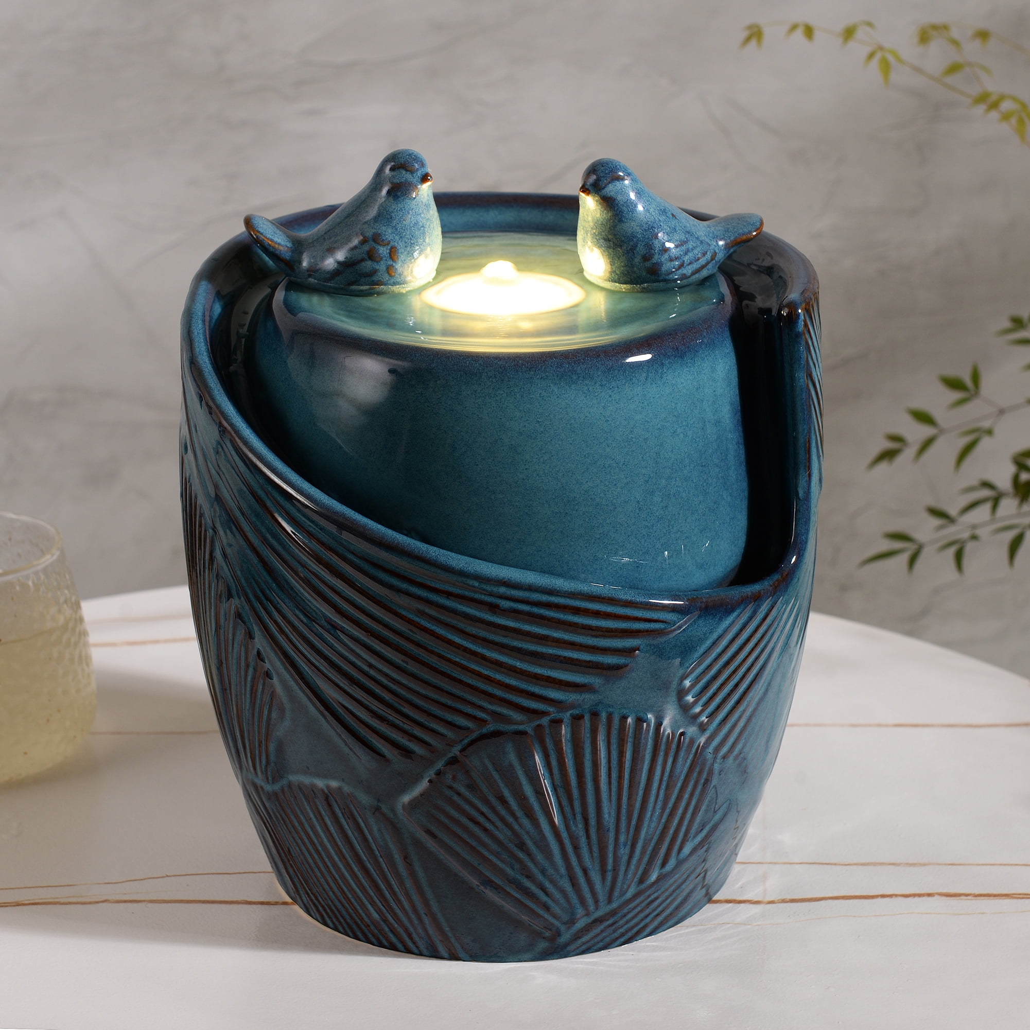 Blue Ceramic Tabletop Double Bird Bubbler Fountain, Decorative Water Fountain with LED Lights and Quiet Pump, Indoor Outdoor Water Feature for Patio, Garden, Deck, Balcony, Office and Home Décor