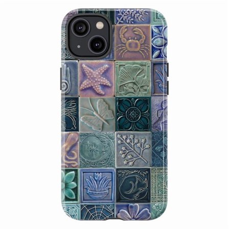 Blue Ceramic Tile Pattern Phone Case, Artistic Nature and Sea-Themed Design, Protective iPhone Cover for iPhone 16 15 14 13 12 11 Pro Max Mini