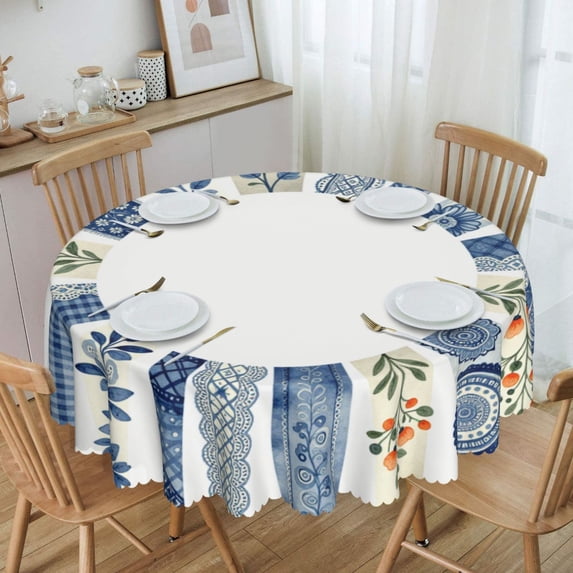 Blue Ceramic Tile Pattern Wreath Round Tablecloth Waterproof Oil Proof ...